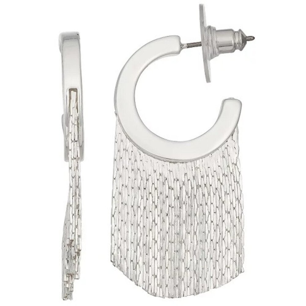 NINE WEST Mod/Contemporary Shiny Silver Fringe Chains Hoop Earrings**NEW!